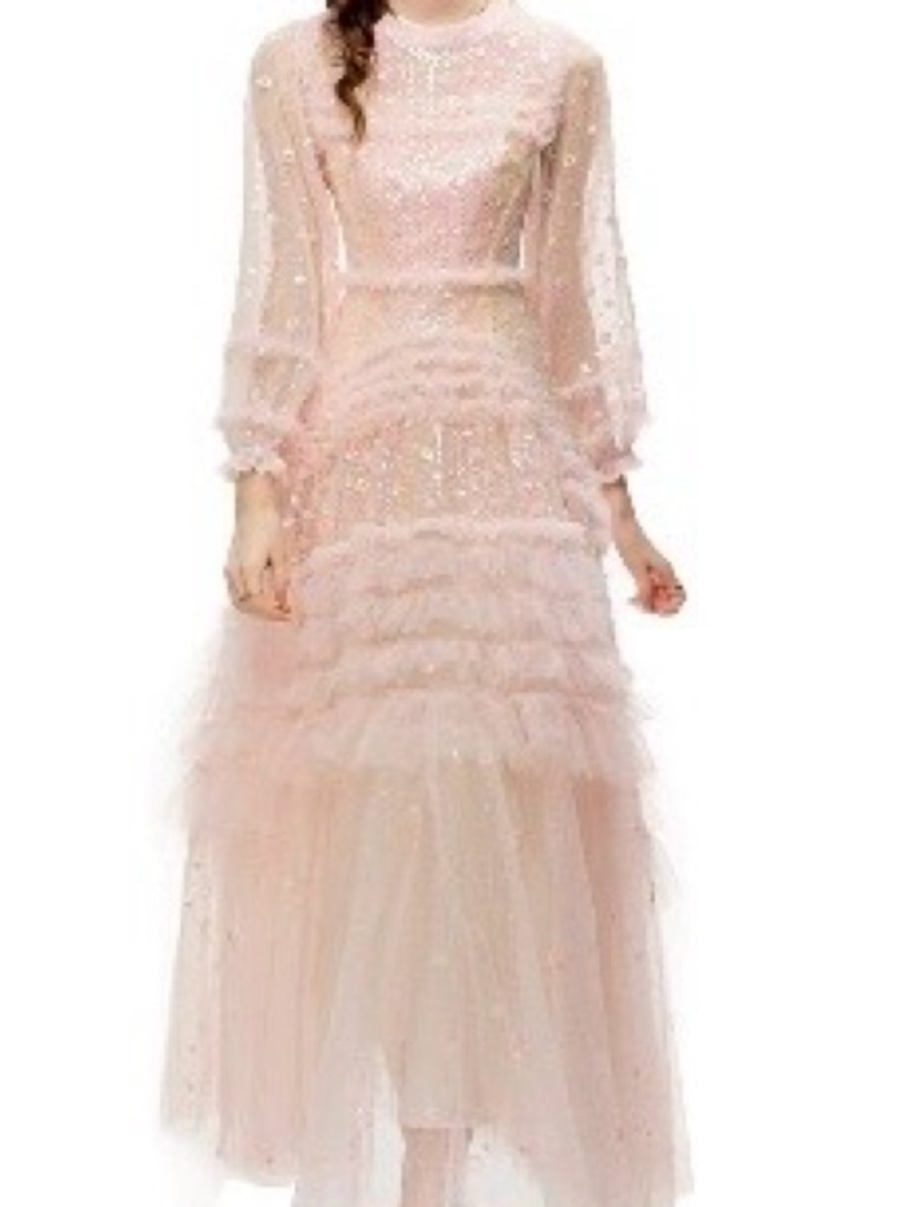 Romantic Pink Sheer Ruffle Maxi Dress